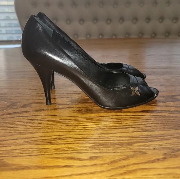 Louis Vuitton Black Genuine Leather Logo Peep Toe Sandal Shoes Pumps Heels - Picture 2 of 16